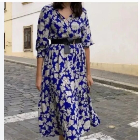 Zara Blue Floral Plunging V-neck 3/4 sleeves Midi Dress Tiered Size Small - Picture 2 of 10